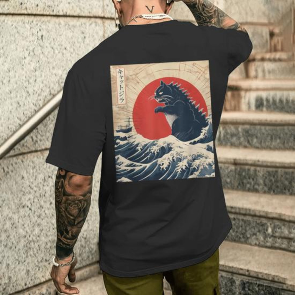 Cat Japanese Great Wave Tshirt Cat Kaiju Japanese Sunset